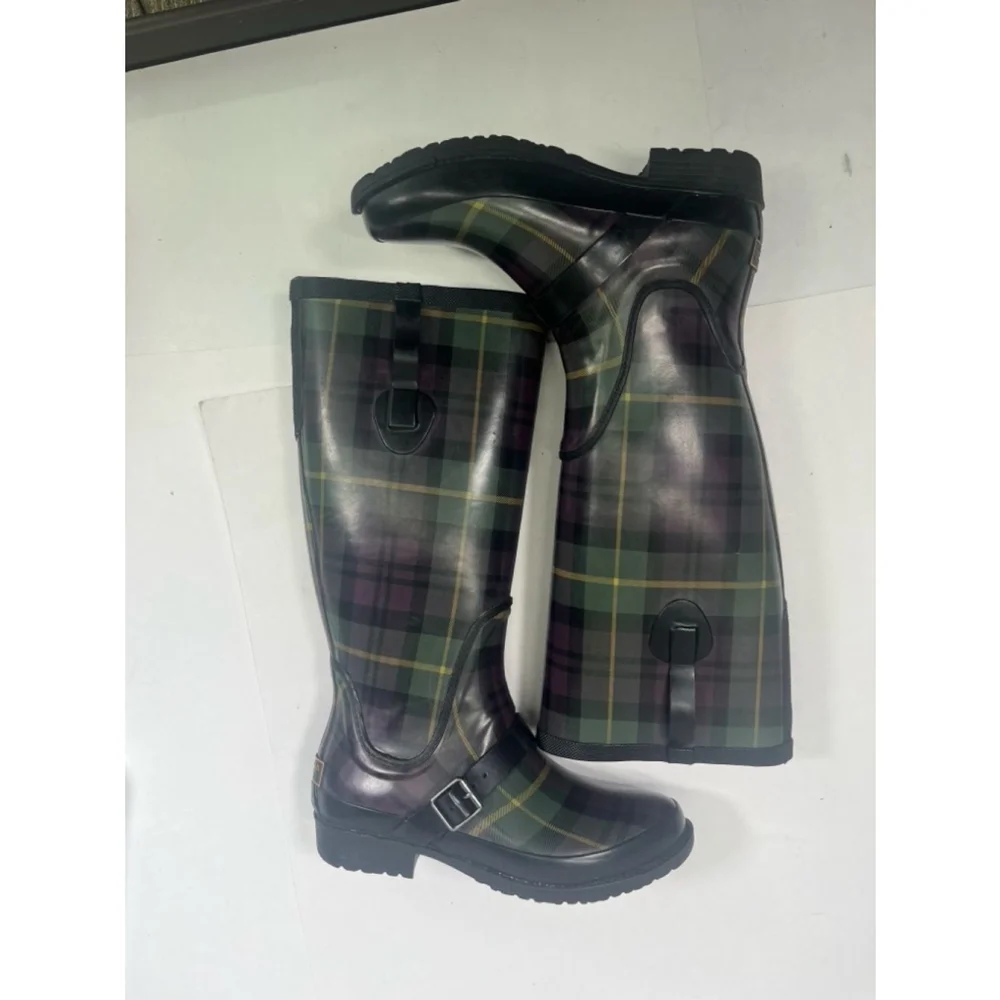 L.L.Bean Women's Green and Purple Plaid Rain Tall Boots Size‎ 7 Wellies Rubber